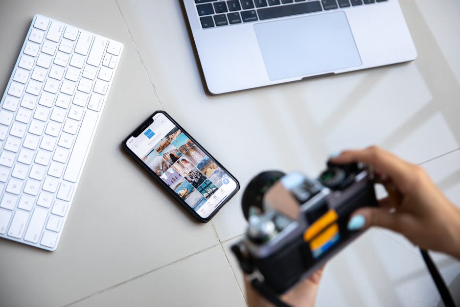 Illustration of cybersecurity for creators securing camera apps, cloud accounts, and photo sharing links with a lock icon.