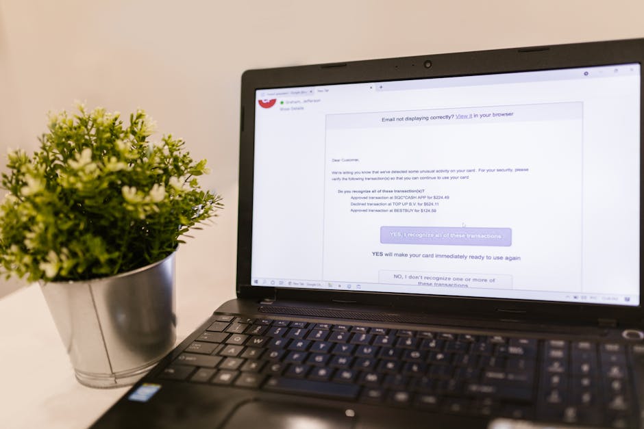 Close-up of a person viewing a suspicious invoice email on a laptop