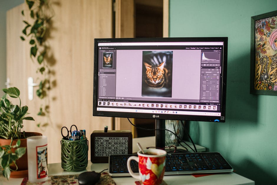 Designer reviewing a photo preview on a calibrated monitor, representing soft proofing before printing.