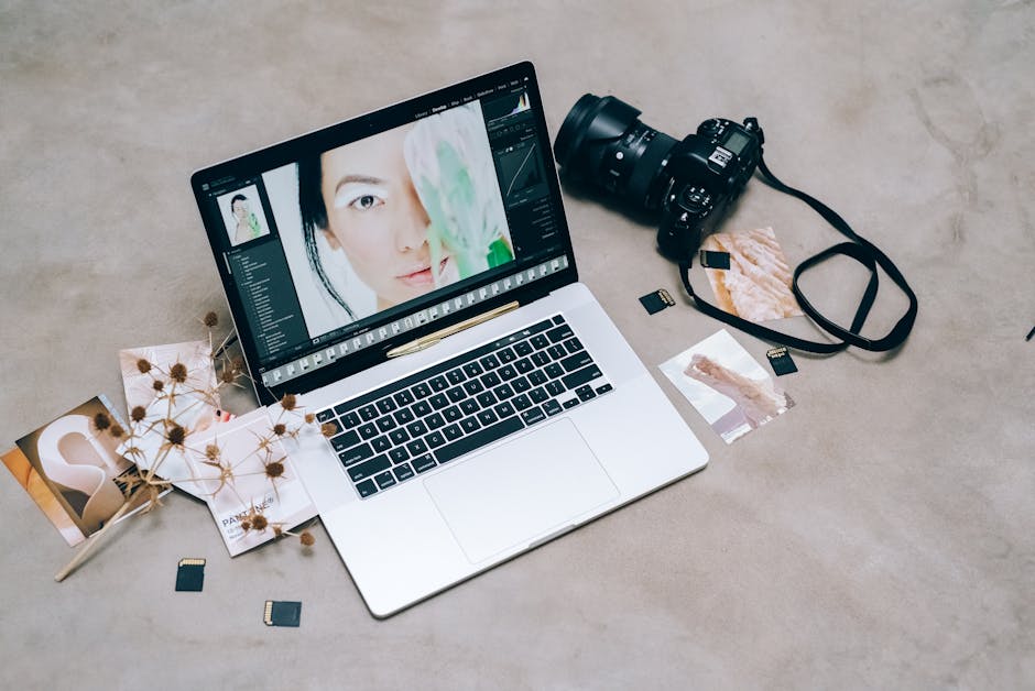 Person editing a photo on a laptop showing adjustments for exposure and shadows