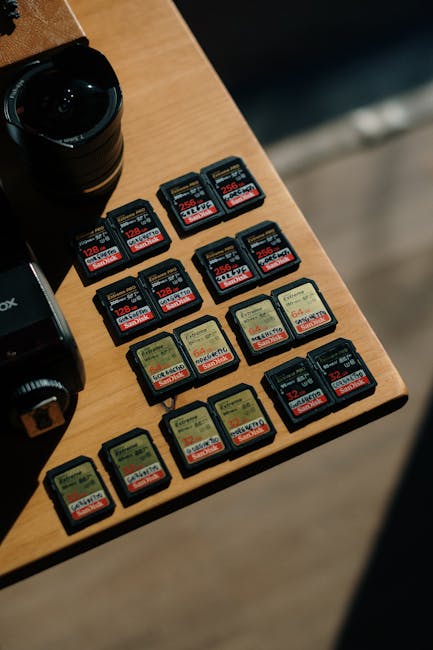 Photographer reviewing RAW and JPEG files on memory cards and camera gear